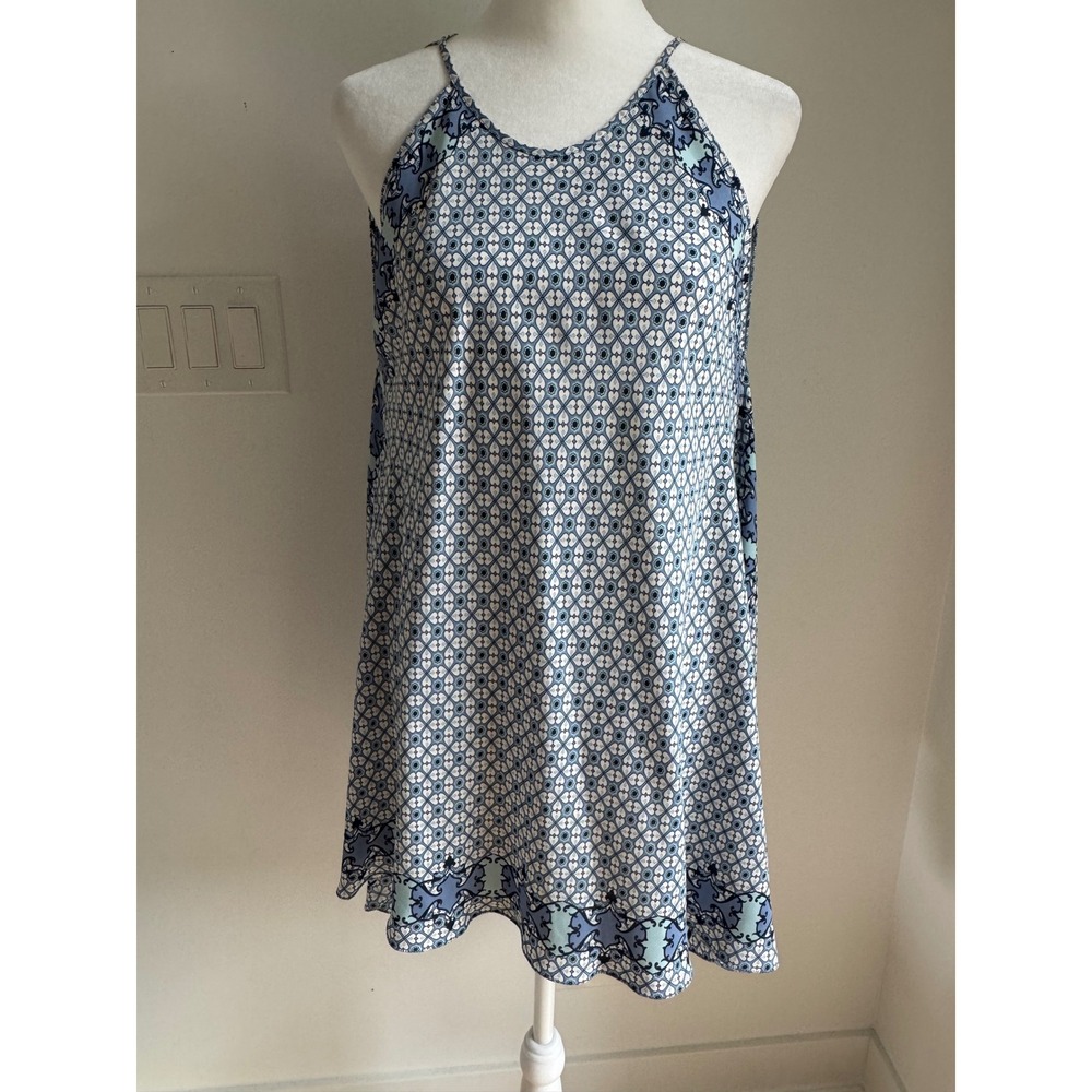 Max Studio Blue White Geometric Heart Print Halter Neck Shift Mini Dress Small